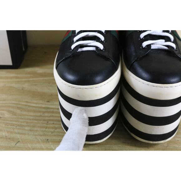 Gucci Sneakers Womens 10.5B Black Leather Peggy Platform Striped Shoes Italy - Picture 12 of 15